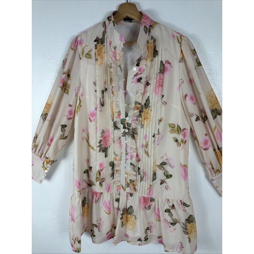 Beulah Style Ruffled‎ Beige Yellow And Pink Long Sleeves Floral Midi Dress M